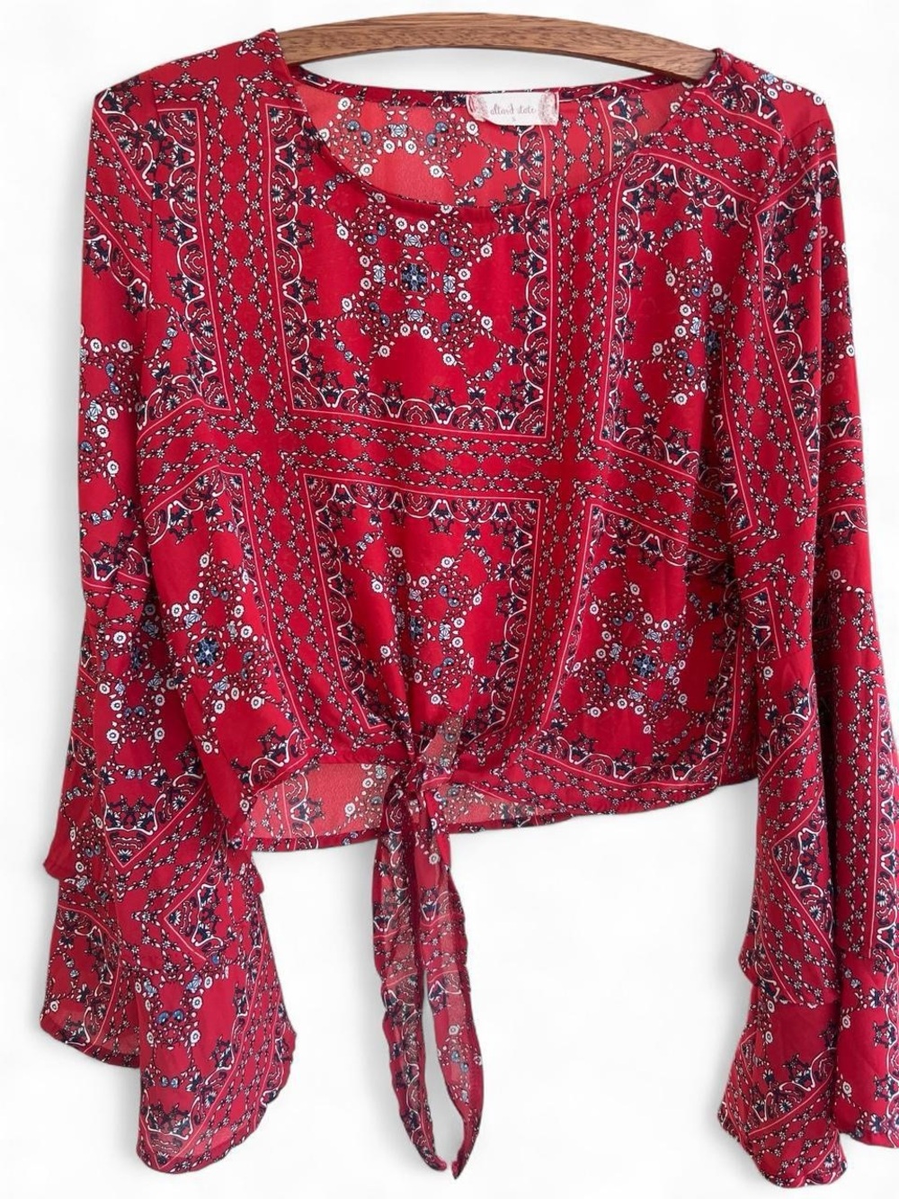 Altr’d State crop top long bell sleeves boho paisley red white blue - small